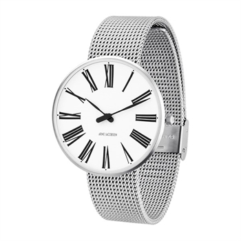 Arne Jacobsen - Römische Uhr - Ø40 - Weißes Zifferblatt, Stahlnetzarmband